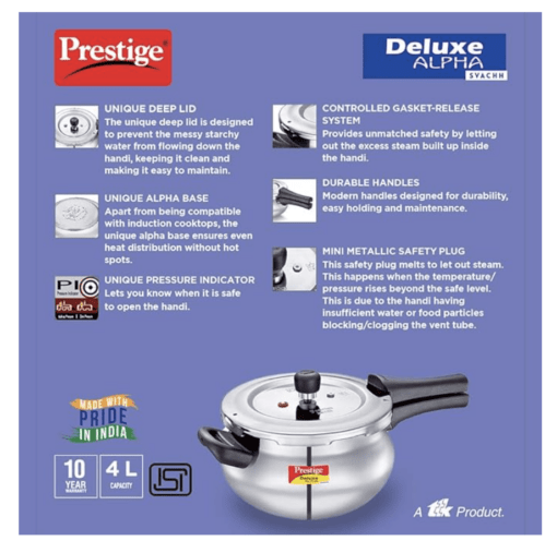 Prestige Svachh, 20268, 4 L, Alpha Junior Handi, With Deep Lid For Spillage Control, Stainless Steel, Silver, Outer Lid, 4.4 Liter - Image 3